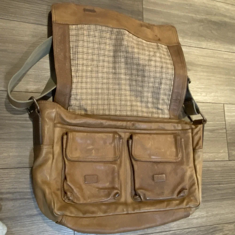Fossil x JR leather Collab Oak‎ Tanned Messenger Bag Houndstooth Lined Large